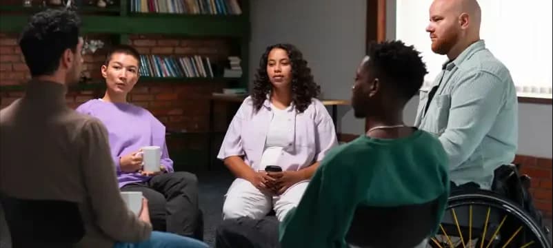 Group community participation scene indoors